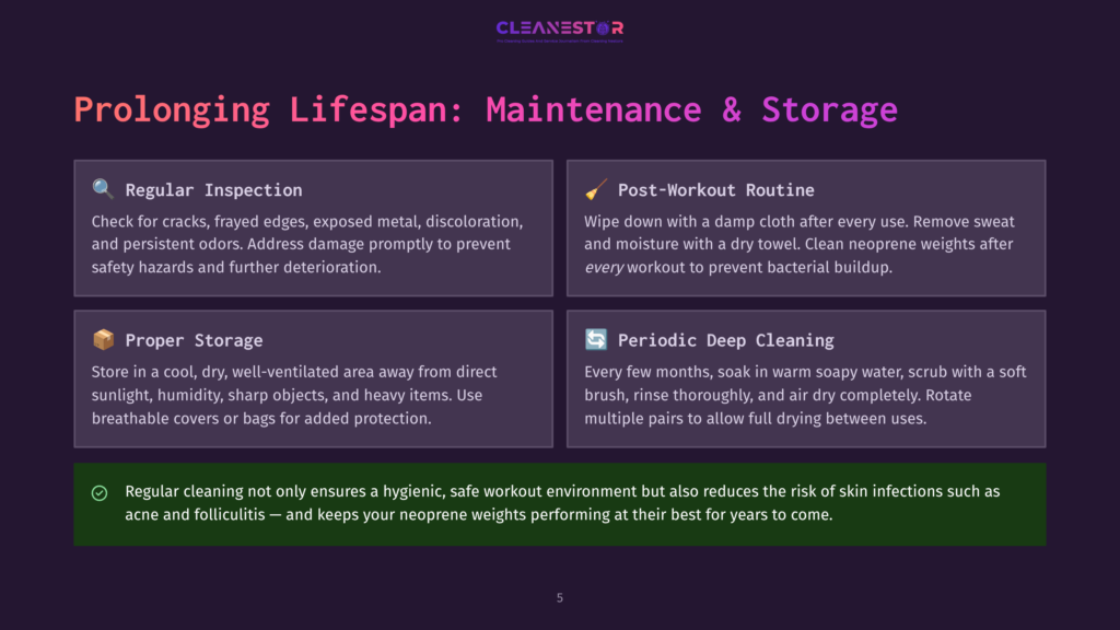 5 Prolonging Lifespan Maintenance And Storage Infographic Titled &Quot;Prolonging Lifespan: Maintenance &Amp; Storage&Quot; With Sections On Regular Inspection, Post-Workout Routine, Proper Storage, And Periodic Deep Cleaning, Offering Tips For Maintaining Workout Equipment.