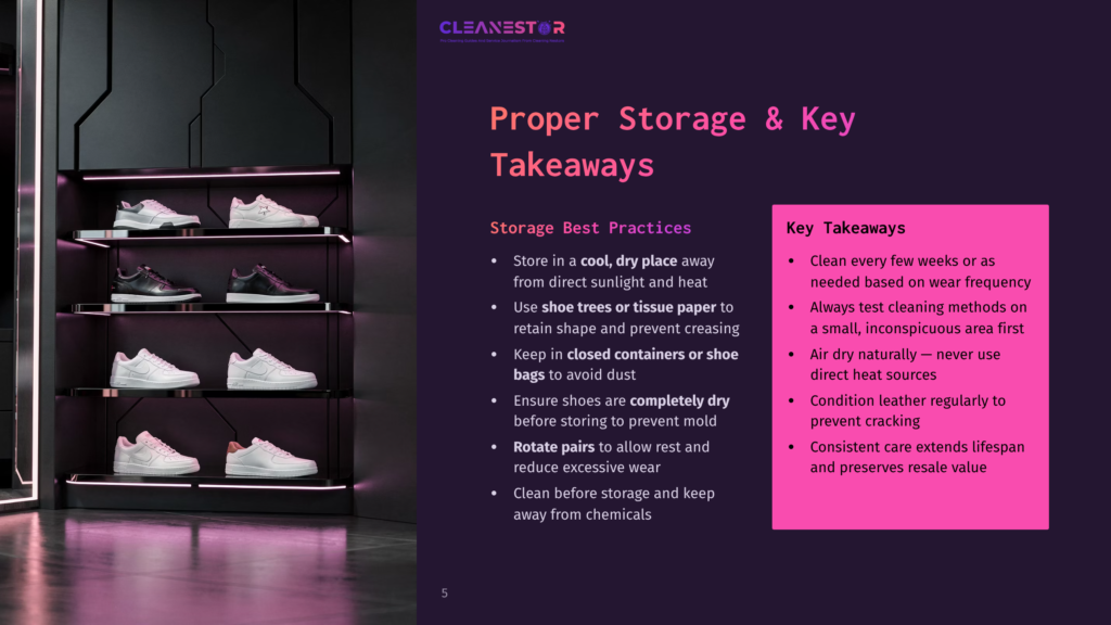 A Modern Shoe Display With Shelves Showcasing Rows Of Neatly Arranged Sneakers, From Athletic Shoes To Casual Footwear, Under Soft Lighting. The Text &Quot;Cleanestor&Quot; And &Quot;Proper Storage &Amp; Key Takeaways&Quot; Is Visible.