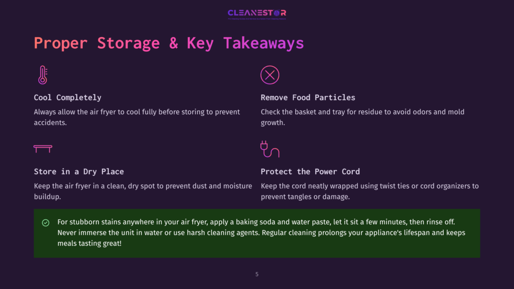 5 Proper Storage And Key Takeaways Infographic With Cleanestor Logo And Text About Proper Air Fryer Storage: Cool Completely, Remove Food Particles, Store In A Dry Place, Protect The Power Cord, And A Tip For Stubborn Stains Using Baking Soda And Water Paste.