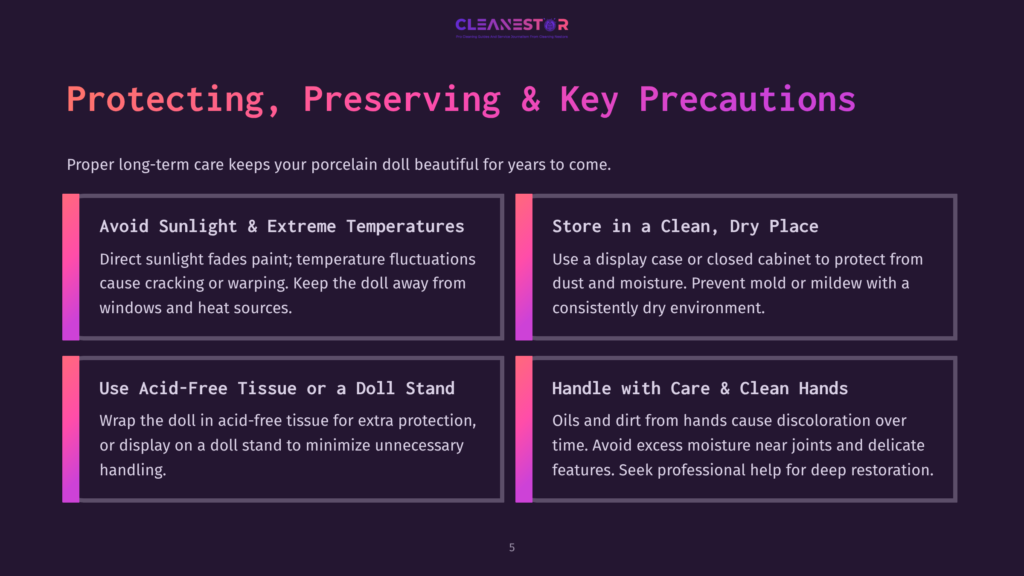 5 Protecting Preserving And Key Precautions Infographic Titled &Quot;Protecting, Preserving &Amp; Key Precautions&Quot; With Four Sections: Avoid Sunlight &Amp; Extreme Temperatures, Store In A Clean, Dry Place, Use Acid-Free Tissue Or A Doll Stand, And Handle With Care &Amp; Clean Hands. The Background Is Dark Purple.