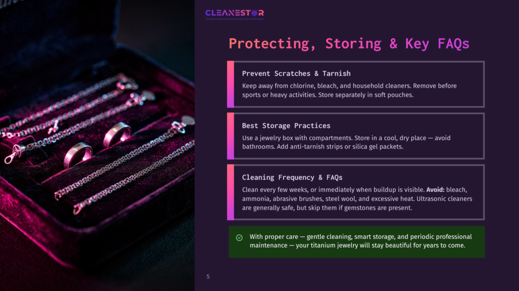 A Luxurious Purple Velvet Case Opens To Reveal A Collection Of Elegant Titanium Jewelry. The Pieces Include A Necklace, Rings, And Bracelets, All With A Sleek, Modern Design. The Background Is Dark, Emphasizing The Shine And Craftsmanship Of The Jewelry.