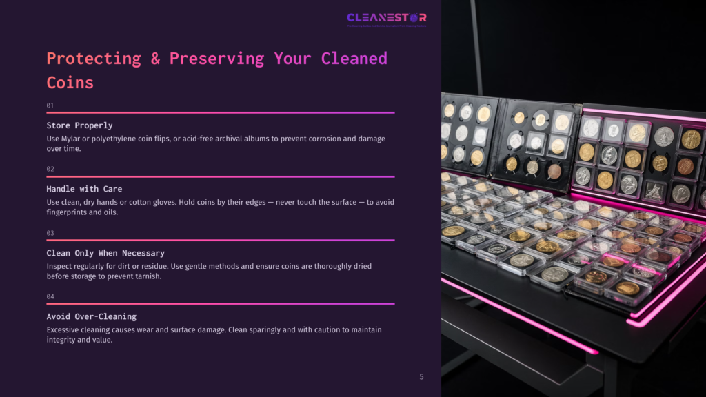 A Display Case Filled With Protected Coins, Showcasing The Cleanestor Brand Logo And Text About Protecting And Preserving Your Coins.