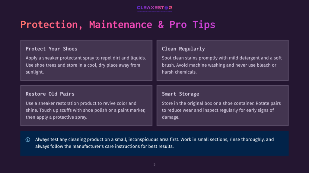 Cleanestor Shoe Care Tips: Protect Your Shoes With Spray, Clean Regularly, Restore Old Pairs, And Store Them Smart For Optimal Shoe Maintenance.
