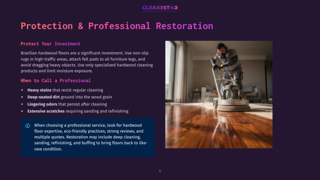 5 Protection And Professional Restoration Professional Hardwood Floor Restoration: A Worker In Protective Gear Uses A Floor Buffer On A Gleaming, Polished Dark Wood Floor, Highlighting The Shine And Depth Of The Restored Surface.