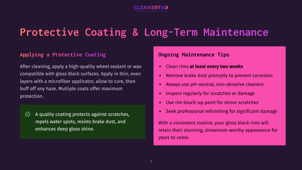 An Infographic On Protective Coating And Maintenance For Glossy Black Rims, Featuring Tips On Cleaning, Applying A Sealant, And Ongoing Maintenance.