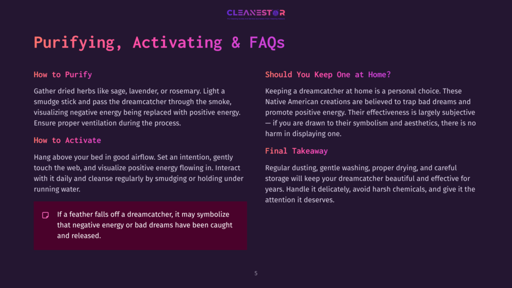 Purifying, Activating &Amp; Faqs: Text On A Dark Purple Background Explaining How To Purify And Activate Dreamcatchers, And When To Keep One At Home.