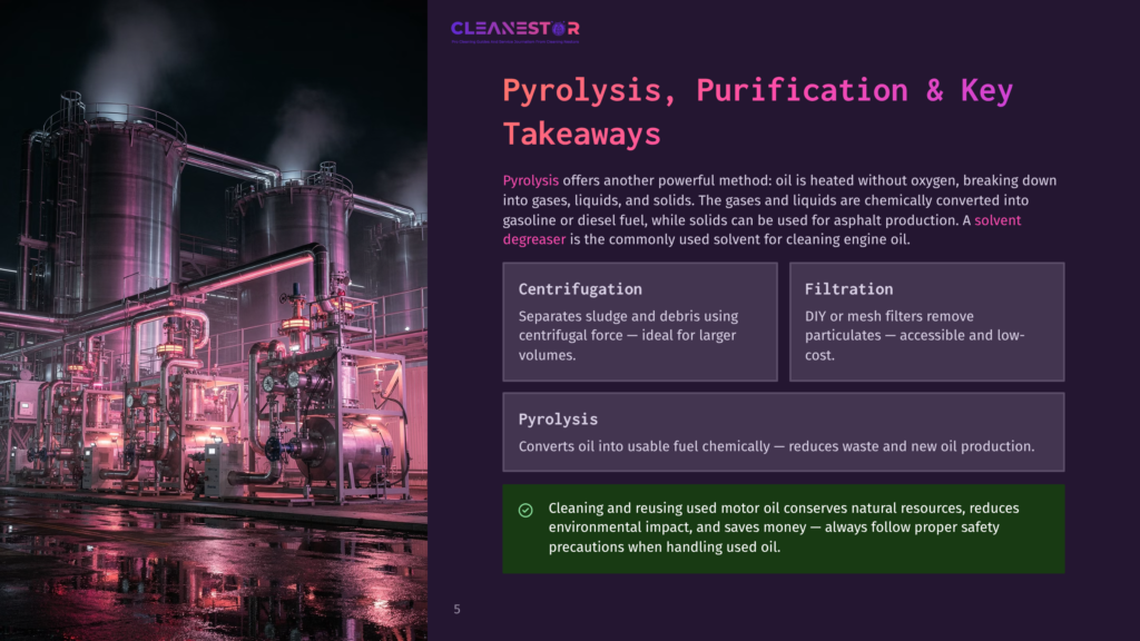 Industrial Facility At Night With Pink And Purple Lights Illuminating Large Tanks And Pipes. Text Reads &Quot;Cleanestor Pyrolysis, Purification &Amp; Key Takeaways&Quot;.