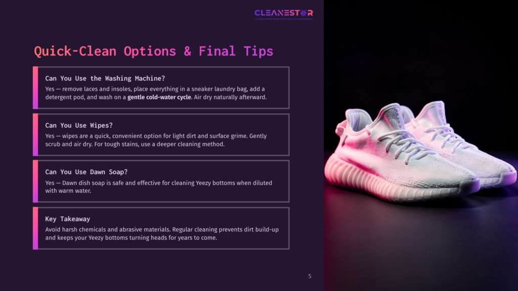 Two Pristine White Yeezy Sneakers, Expertly Cleaned, Are Displayed On A Dark, Moody Background With Vibrant Pink And Purple Lighting. The Image Highlights The Results Of The Cleaning Tips Provided.