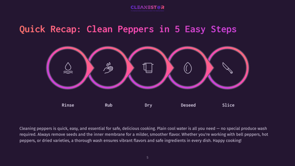 Infographic: Quick Recap: Clean Peppers In 5 Easy Steps. Icons Show Rinsing, Rubbing, Drying, Deseeding, And Slicing Peppers. Text Explains How To Clean Peppers For Safe, Delicious Cooking.
