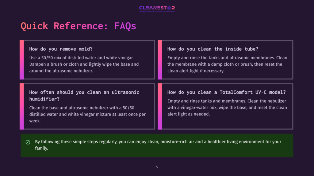 Quick Reference Faqs Section On A Webpage Displays Four Questions About Cleaning Ultrasonic Humidifiers. The First Question Asks How To Remove Mold, The Second Asks How Often To Clean An Ultrasonic Humidifier, The Third Asks How To Clean The Inside Tube, And The Fourth Asks How To Clean A Totalcomfort Uv-C Model.