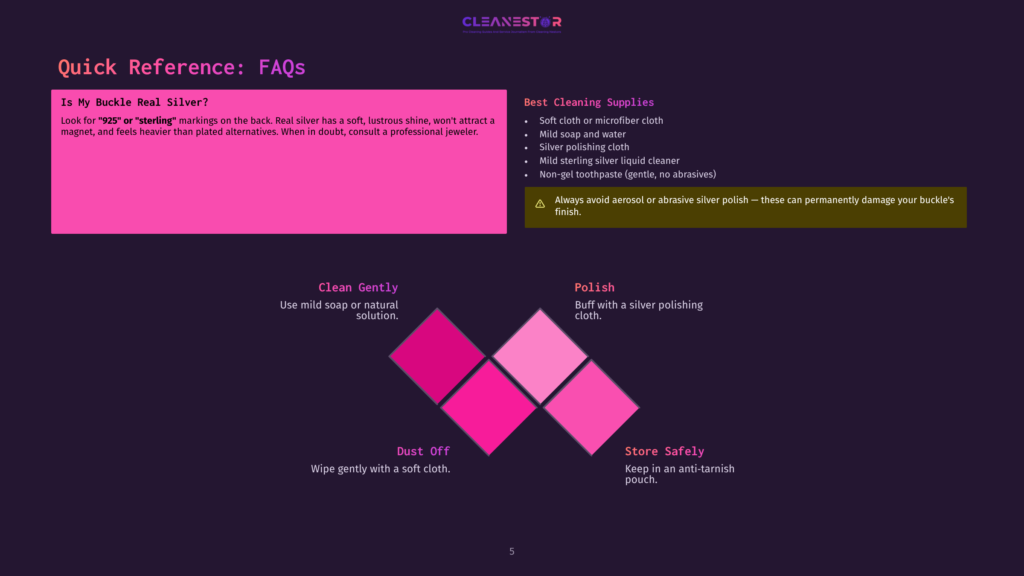 5 Quick Reference Faqs 2 Infographic On Cleaning And Storing Sterling Silver Jewelry, Featuring A &Quot;Quick Reference: Faqs&Quot; Section And A Diagram Illustrating &Quot;Clean Gently,&Quot; &Quot;Polish,&Quot; &Quot;Dust Off,&Quot; And &Quot;Store Safely&Quot; Steps.