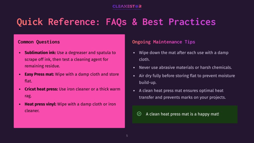 5 Quick Reference Faqs And Best Practices Cleanestor Quick Reference: Faqs &Amp; Best Practices, With Sections On Sublimation Ink, Easy Press Mat, Cricut Heat Press, Heat Press Vinyl Care, And Ongoing Maintenance Tips.
