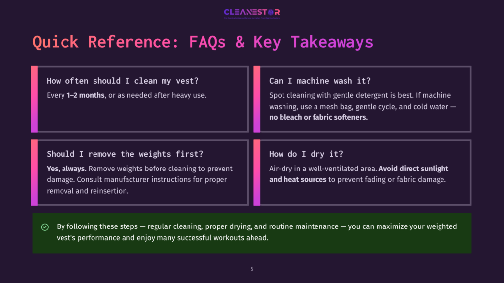 A Graphic With Text Providing Faqs And Key Takeaways For Cleaning A Weighted Vest. It Includes Sections On Washing Frequency, Machine Washing, Removing Weights, And Drying, With A Final Tip About Regular Care.