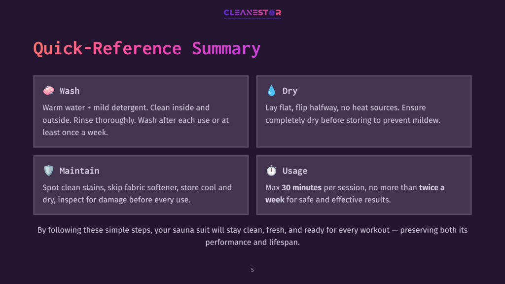 5 Quick Reference Summary Quick-Reference Summary For Sauna Suit Care: Wash With Warm Water And Detergent, Dry Flat Without Heat, Maintain By Spot Cleaning And Inspecting, And Use For Max 30 Minutes Twice A Week.