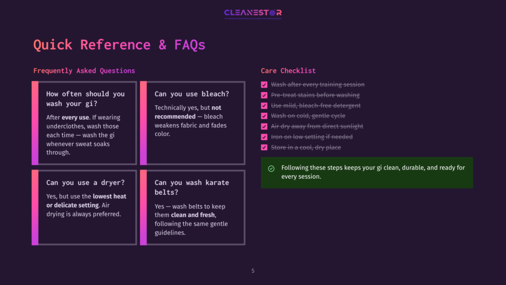 Cleanestor Brand Graphic With Text On Quick Reference And Faqs, Including Care Checklist For Gis, And Sections On Washing, Drying, And Bleach Use.