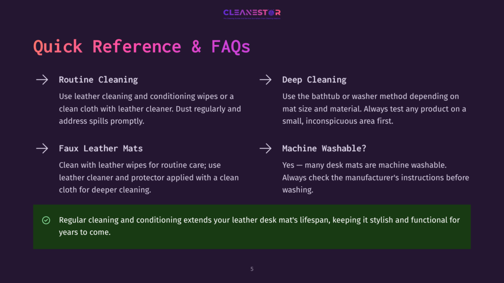 Cleanestor Quick Reference &Amp; Faqs: Routine Cleaning For Leather, Faux Leather Mats Care, Deep Cleaning, And Machine Washable Advice.
