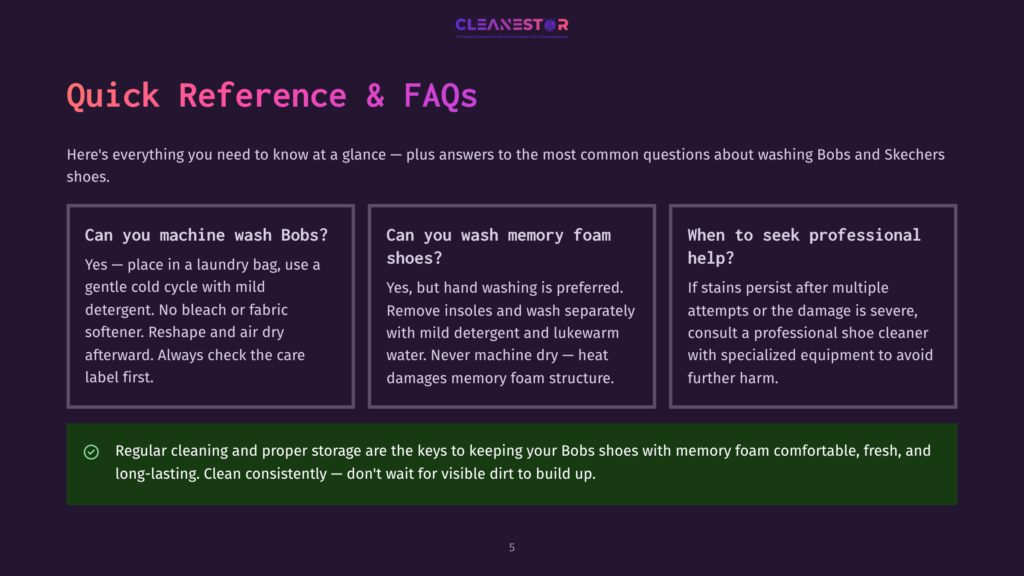 A Graphic With The Title &Quot;Quick Reference &Amp; Faqs&Quot; Lists Answers To Common Questions About Washing Bobs Shoes, Including Machine Washing And Memory Foam Shoes.