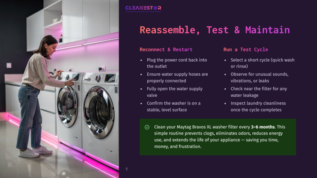 A Woman Stands In A Modern Laundry Room, Pointing To A Maytag Bravos Xl Washing Machine With Pink Led Lights. The Washer Is One Of Two Large, Sleek, Stainless-Steel Appliances. A Pink Neon Glow Highlights The Washer'S Control Panel, With The Woman Wearing Casual Attire.