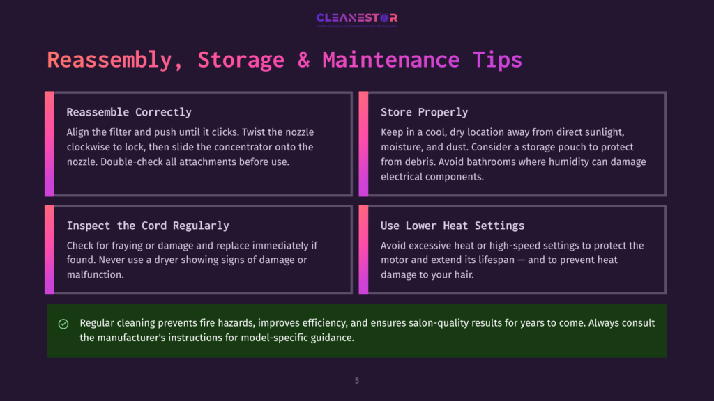 Infographic With Tips For Reassembly, Storage, And Maintenance Of A Hair Dryer. Sections Include &Quot;Reassemble Correctly,&Quot; &Quot;Store Properly,&Quot; &Quot;Inspect The Cord Regularly,&Quot; And &Quot;Use Lower Heat Settings.