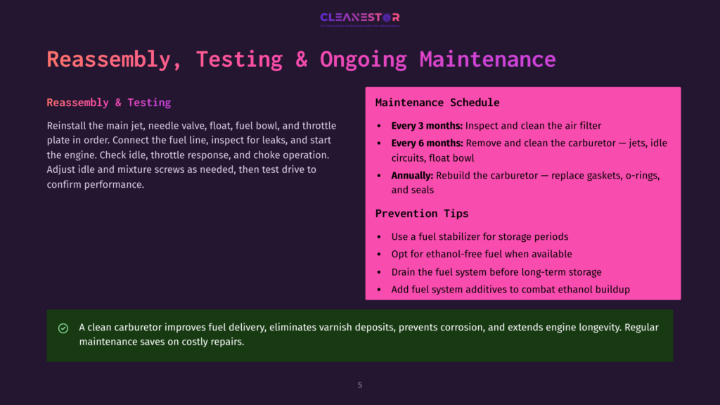 5 Reassembly Testing And Ongoing Maintenance 3 A Presentation Slide Titled &Quot;Reassembly, Testing &Amp; Ongoing Maintenance&Quot; And &Quot;Maintenance Schedule&Quot; With Text Detailing Cleaning And Rebuilding Carburetor Tasks, And &Quot;Prevention Tips&Quot; Including Fuel Stabilizer And Ethanol-Free Fuel.
