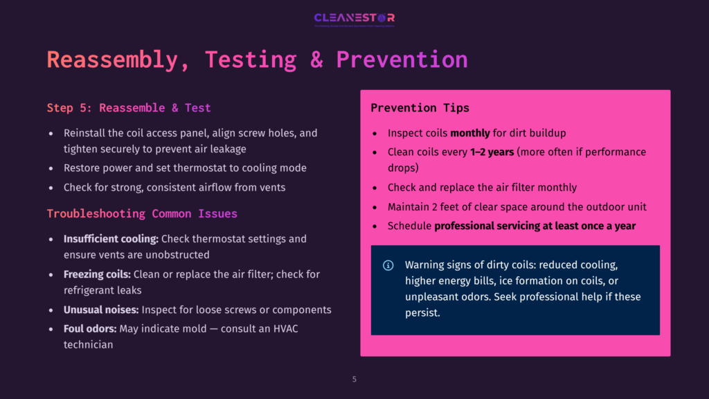 Slide Titled &Quot;Reassembly, Testing &Amp; Prevention&Quot; With Steps Including &Quot;Reinstall The Coil Access Panel&Quot; And Prevention Tips Like &Quot;Inspect Coils Monthly&Quot; And &Quot;Clean Coils Every 1-2 Years&Quot;.