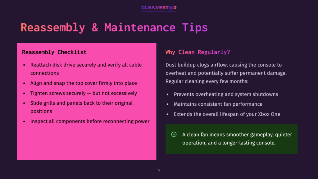 5 Reassembly And Maintenance Tips Presentation Slide Titled &Quot;Reassembly &Amp; Maintenance Tips&Quot; With Two Columns: &Quot;Reassembly Checklist&Quot; And &Quot;Why Clean Regularly?&Quot;. The Checklist Includes Steps Like Attaching The Disk Drive And Tightening Screws. The Right Side Explains Benefits Of Cleaning, Like Preventing Overheating And Extending Console Lifespan.