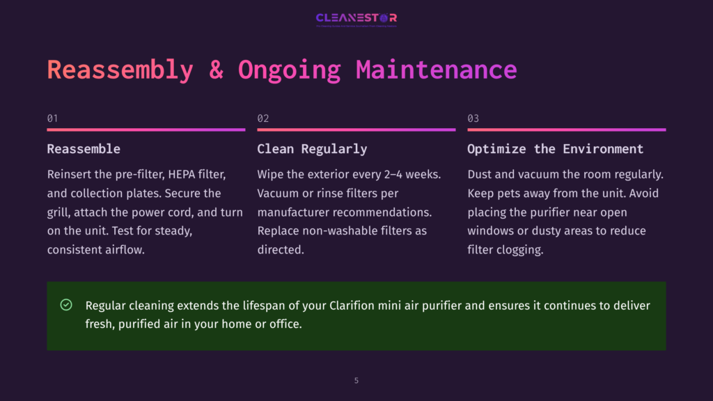 Cleanestor Air Purifier Reassembly And Ongoing Maintenance Guide: Steps For Reassembly, Cleaning, And Optimizing The Environment. Includes Tips For Regular Cleaning To Extend Lifespan.