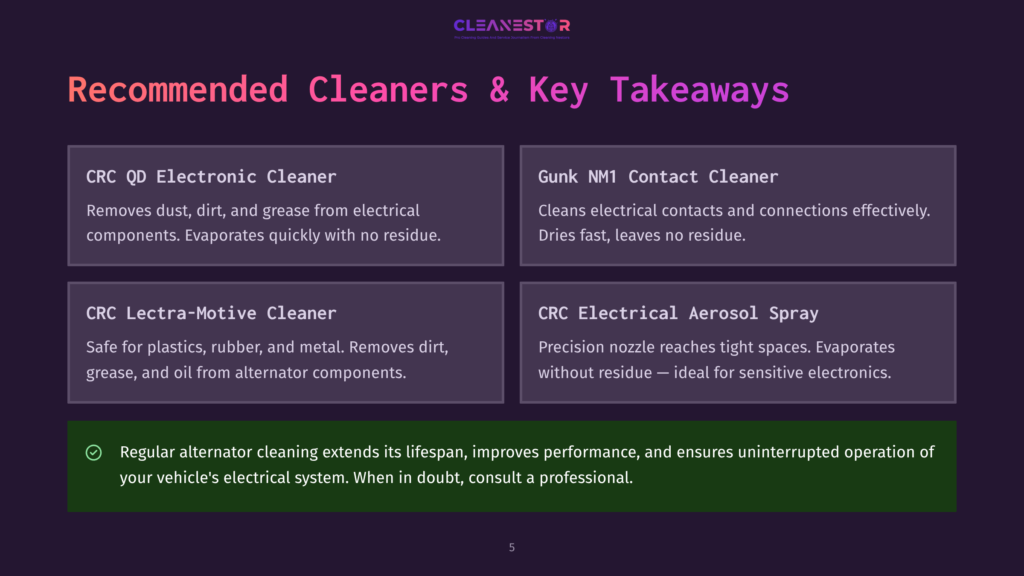 A Slide Titled &Quot;Recommended Cleaners &Amp; Key Takeaways&Quot; Displays Four Cleaning Product Recommendations: Crc Qd Electronic Cleaner, Gunk Nm1 Contact Cleaner, Crc Lectra-Motive Cleaner, And Crc Electrical Aerosol Spray, With A Concluding Tip About Regular Alternator Cleaning.