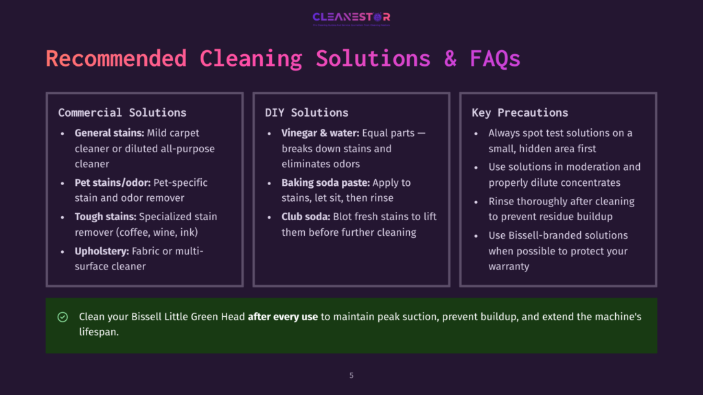 Cleanestor Cleaning Solutions And Faqs: Recommended Cleaning Solutions For General Stains, Pet Stains, Tough Stains, And Upholstery. Diy Solutions For Vinegar &Amp; Water, Baking Soda Paste, And Club Soda. Key Precautions For Spot Testing, Dilution, Rinsing, And Bissell-Branded Solutions.