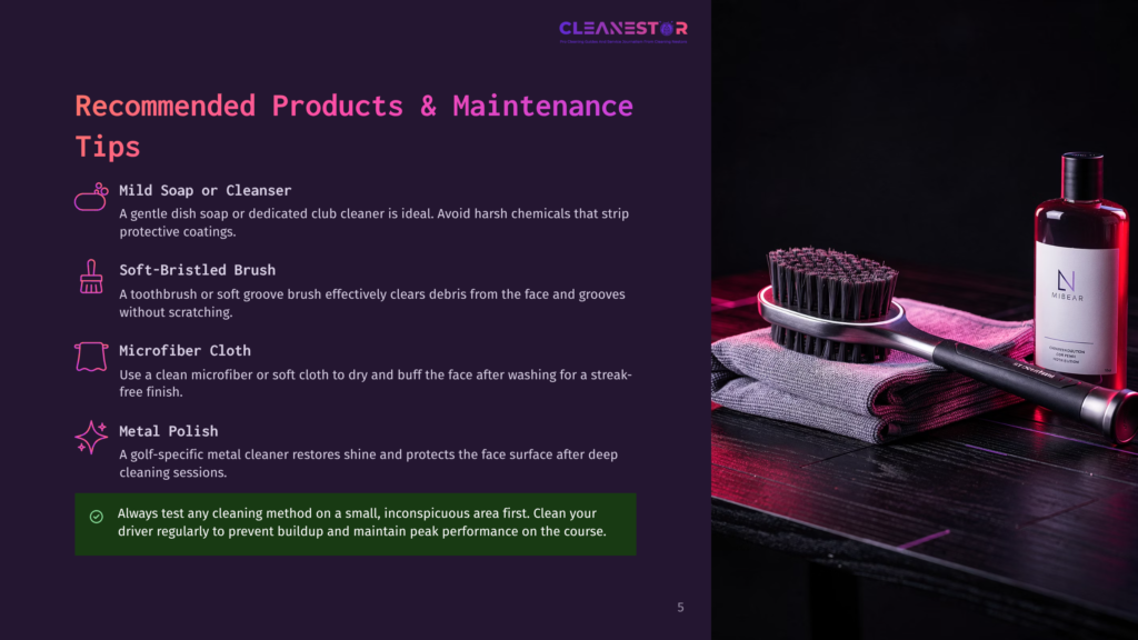 5 Recommended Products And Maintenance Tips A Dark, Sophisticated Graphic Displays Recommended Golf Club Maintenance Products, Including A Bottle Of Cleaner, A Soft-Bristled Brush, Microfiber Cloth, And Metal Polish, All Neatly Arranged On A Black Surface.
