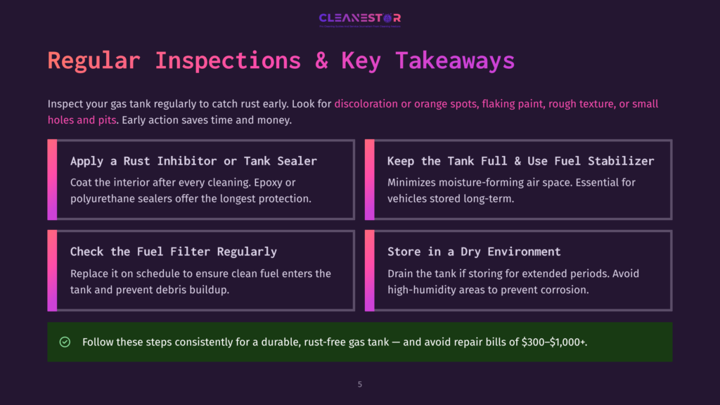 Infographic Titled &Quot;Regular Inspections &Amp; Key Takeaways&Quot; From Cleanestor, Detailing How To Maintain Gas Tanks, Including Applying Rust Inhibitors, Keeping Tanks Full, Checking Fuel Filters, And Storing In Dry Environments.