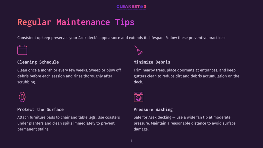 Regular Maintenance Tips For Preserving The Appearance And Lifespan Of An Azek Deck, Including Cleaning Schedule, Minimizing Debris, Protecting The Surface, And Safe Pressure Washing Techniques.