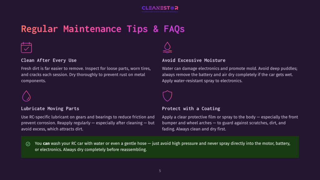 5 Regular Maintenance Tips And Faqs Clean Nestor Graphic Outlining Rc Car Maintenance Tips, Including &Quot;Clean After Every Use,&Quot; &Quot;Avoid Excessive Moisture,&Quot; &Quot;Lubricate Moving Parts,&Quot; And &Quot;Protect With A Coating.