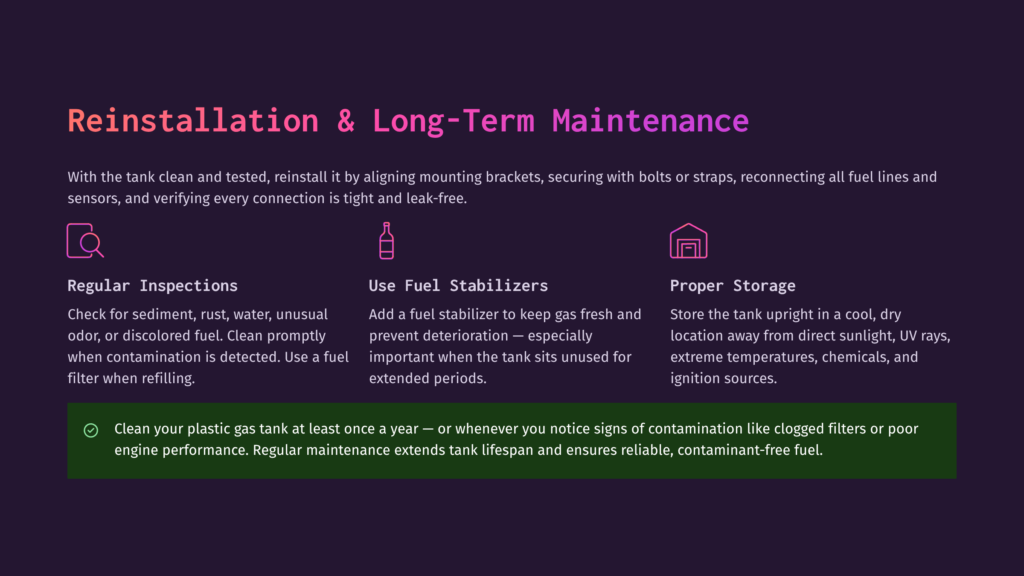 5 Reinstallation And Long Term Maintenance Maintenance Instructions For Plastic Gas Tanks, With Icons For Regular Inspections, Fuel Stabilizers, And Proper Storage, Against A Dark Purple Background.