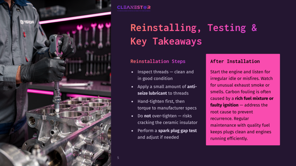 5 Reinstalling Testing And Key Takeaways Mechanic Installs Spark Plug In Engine Block, With Text &Quot;Reinstalling, Testing &Amp; Key Takeaways&Quot; And &Quot;After Installation&Quot; Tips.