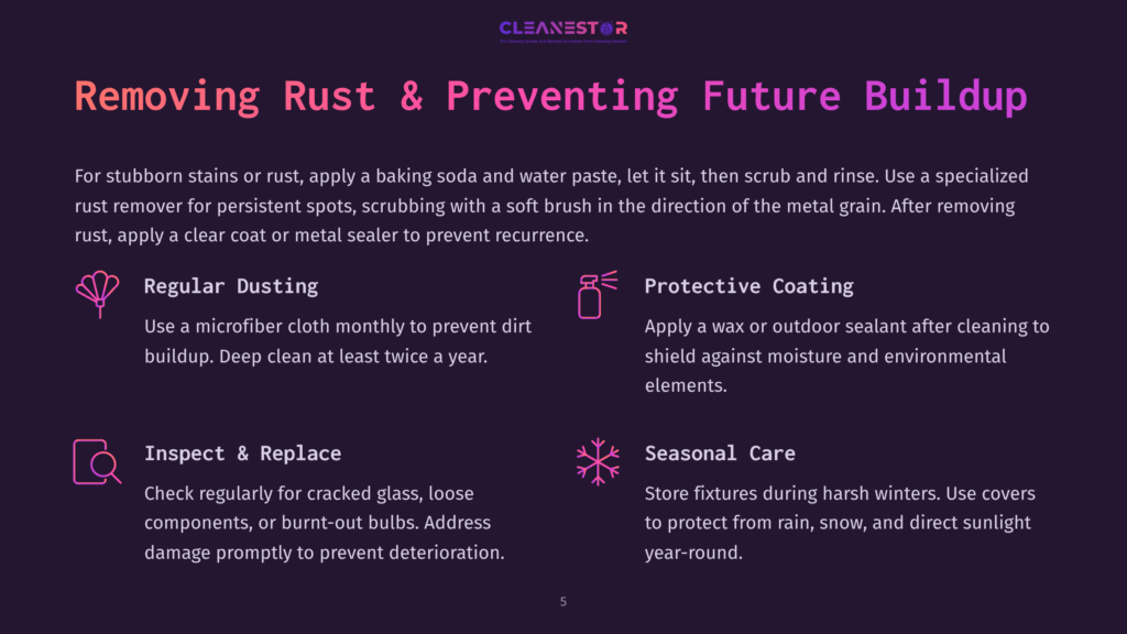 Cleanestor Graphic: &Quot;Removing Rust &Amp; Preventing Future Buildup.&Quot; Sections Include Regular Dusting, Protective Coating, Inspect &Amp; Replace, And Seasonal Care, With Icons.