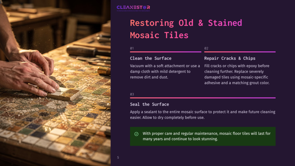 Close-Up Of Hands Carefully Restoring An Old, Stained Mosaic Tile Floor. The Image Highlights The Detailed Work Involved In Repairing Mosaic Tiles, With Grout And Small Tiles Visible.