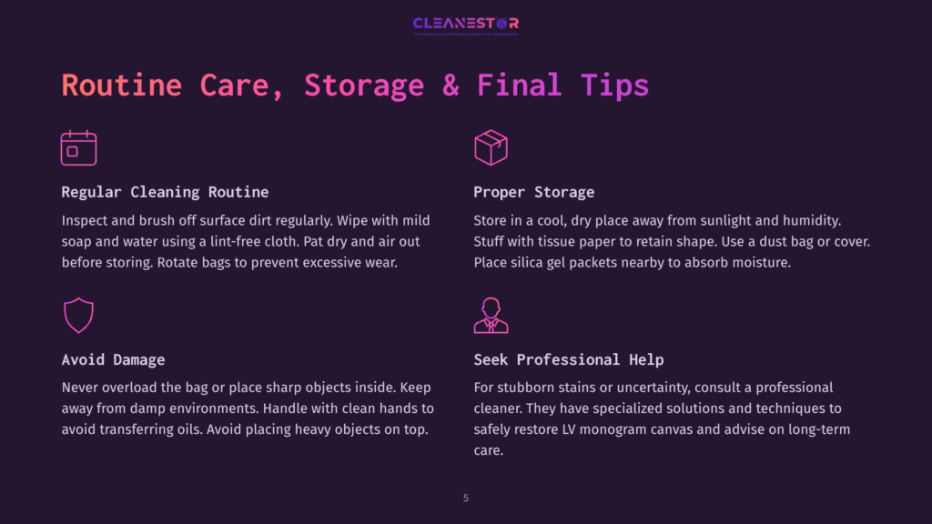 5 Routine Care Storage And Final Tips Infographic With Tips For Routine Care, Storage, And Final Tips For Lv Monogram Canvas Items. Sections Include: Regular Cleaning Routine, Proper Storage, Avoid Damage, And Seek Professional Help.