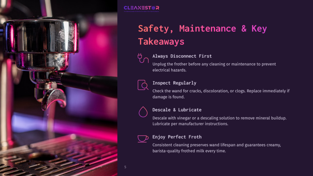An Espresso Machine With A Silver Finish And Black Handle On A Purple Background. Safety, Maintenance, And Key Takeaways Text Overlay. Keywords: Espresso Machine, Safety, Maintenance, Key Takeaways.