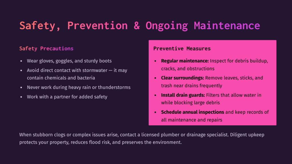 Safety, Prevention &Amp; Ongoing Maintenance: Safety Precautions And Preventive Measures For Stormwater Management, Including Wearing Gloves, Avoiding Contact With Stormwater, And Regular Drain Inspections.