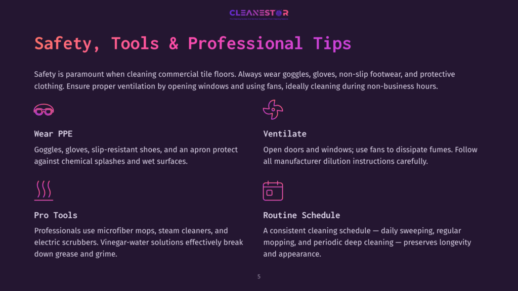Safety, Tools &Amp; Professional Tips For Commercial Tile Floor Cleaning: Wear Ppe, Ventilate, Pro Tools, And Routine Schedule Are Highlighted With Icons.