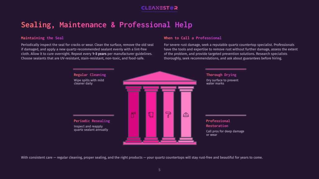 Pink Roman-Style Columns With Icons Representing Sealing, Maintenance, And Professional Restoration For Quartz Countertops. Text Includes &Quot;Sealing, Maintenance &Amp; Professional Help&Quot; And &Quot;Cleanestor&Quot;.
