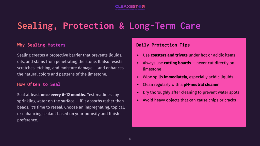 Infographic Detailing How To Seal And Protect Limestone Surfaces. Key Tips Include Using Coasters And Trivets, Wiping Spills Immediately, Cleaning With Ph-Neutral Cleaners, And Drying Thoroughly. The Text &Quot;Sealing, Protection &Amp; Long-Term Care&Quot; Is Prominent.