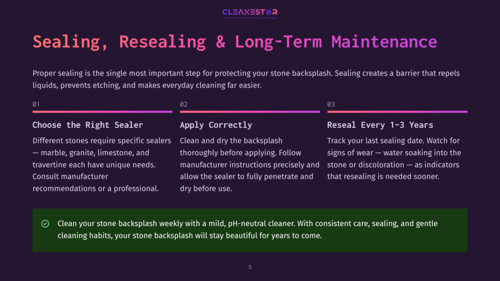 A Dark Purple Background Displays A Graphic With The Text &Quot;Cleanestor&Quot; At The Top. Below This, Large White Text Reads &Quot;Sealing, Resealing &Amp; Long-Term Maintenance.&Quot; Three Columns With Numbered Steps Guide The Viewer Through Proper Sealing Techniques For Stone Backsplashes.
