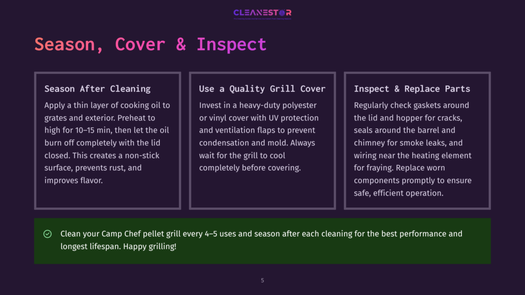 Three Sections On Maintaining A Camp Chef Pellet Grill: Seasoning, Quality Grill Cover, And Inspect &Amp; Replace Parts, With A Note About Cleaning And Seasonal Maintenance.