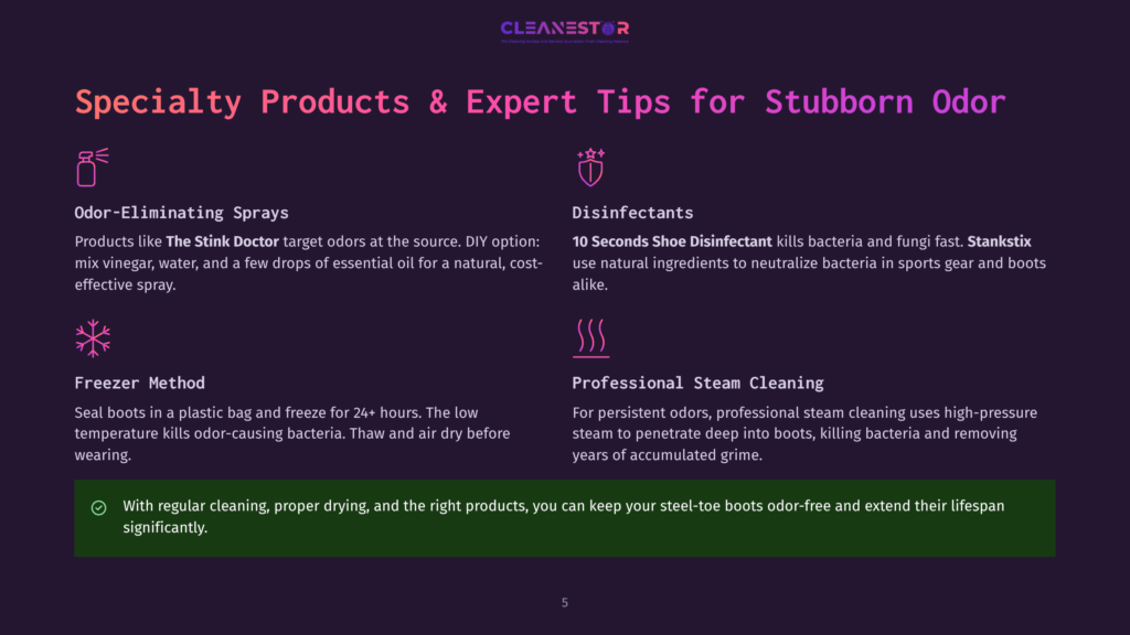 Cleanestor Logo With Text &Quot;Specialty Products &Amp; Expert Tips For Stubborn Odor&Quot; And Sections On Odor-Eliminating Sprays, Disinfectants, Freezer Method, And Professional Steam Cleaning.
