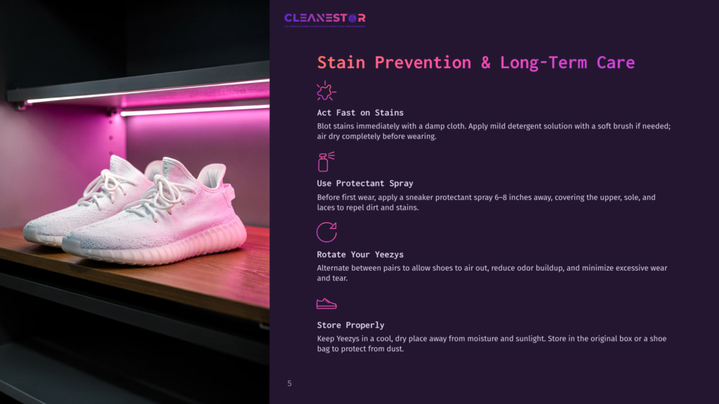 Cleanestor Logo Above Instructions On Stain Prevention And Long-Term Care For Yeezys, Featuring A Pair Of White Yeezy Sneakers Illuminated By Pink Led Lights.