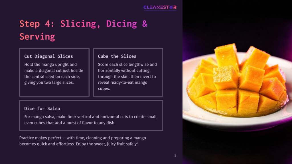 5 Step 4 Slicing Dicing And Serving Step 4: Slicing, Dicing &Amp; Serving. Cubed Mango Pieces Arranged On A White Plate, Ready For Serving, With Instructions On How To Prepare Them.