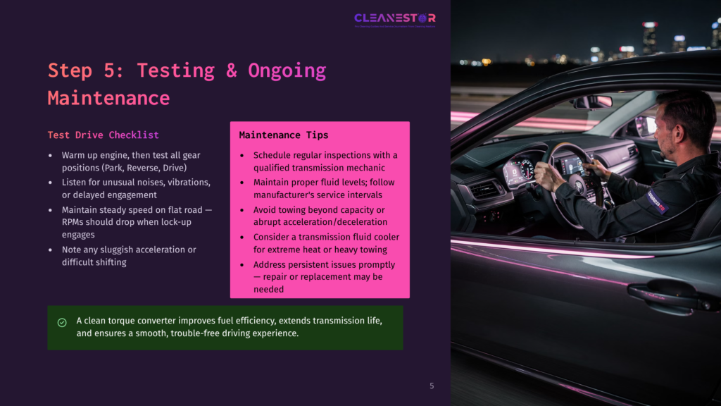 A Man Drives A Sleek, Silver Car At Night On A City Street, With City Lights Reflecting Off The Vehicle. A Pink Banner On The Left Side Of The Image Displays &Quot;Maintenance Tips&Quot; And &Quot;Test Drive Checklist&Quot; With Bullet Points. The Man Wears A Dark Jacket And Grips The Steering Wheel Firmly, Focusing On The Road Ahead.