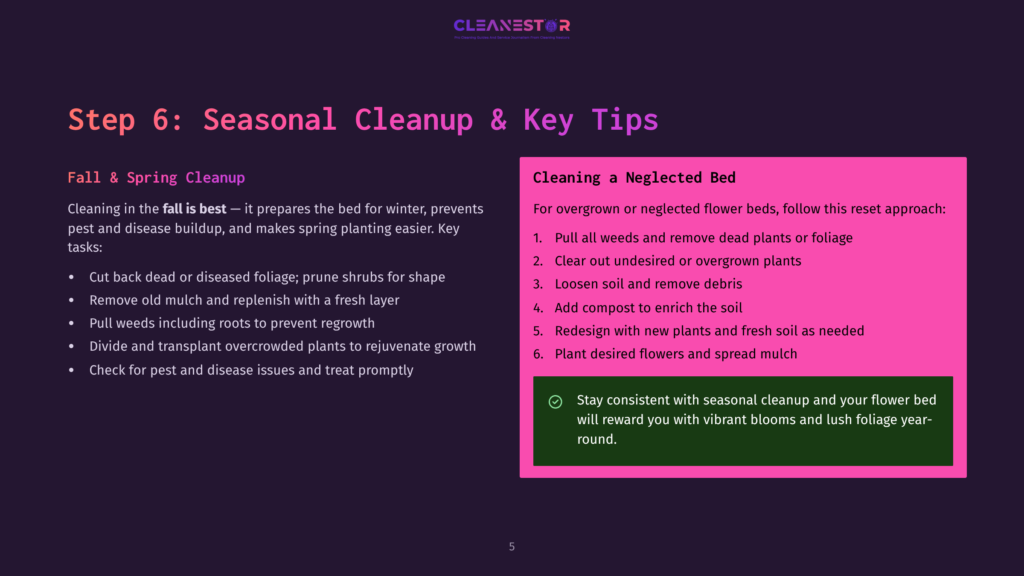 5 Step 6 Seasonal Cleanup And Key Tips A Graphic With The Title &Quot;Step 6: Seasonal Cleanup &Amp; Key Tips&Quot; And Two Sections: &Quot;Fall &Amp; Spring Cleanup&Quot; With Bullet Points And &Quot;Cleaning A Neglected Bed&Quot; With Numbered Steps. The Cleanestor Logo Is At The Top.